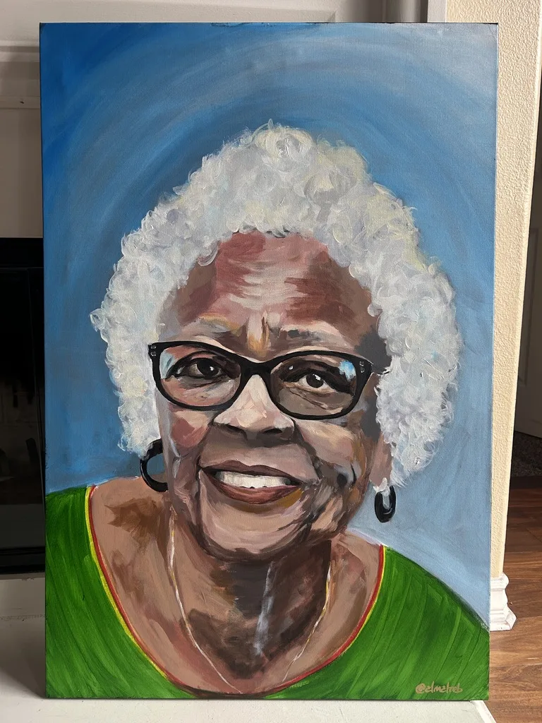 Acrylic portrait of an older woman with white hair and glasses in a green top