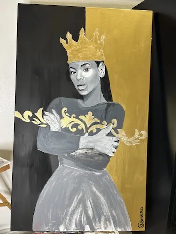 Painting of a woman in a gold crown and gray tulle dress