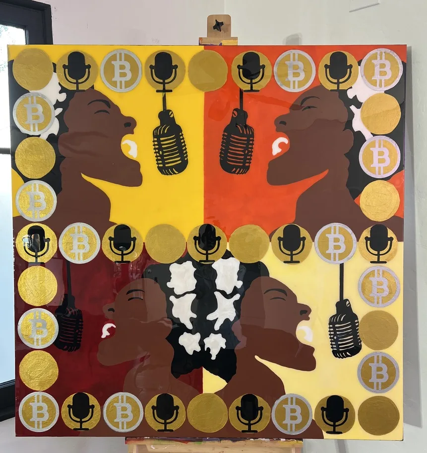 Mixed media work of gold coins and dark silhouettes on red and yellow